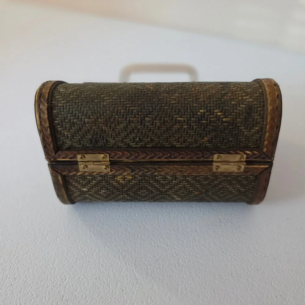 Vintage 70s Woven Wood Trinket Box Handbag Small Brown Boho Style